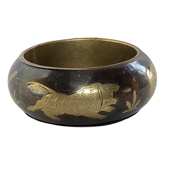 Lucky Elephant and Tiger Brass Chunky Wide Engraved Japanned Bangle Bracelet - Picture 2 of 6